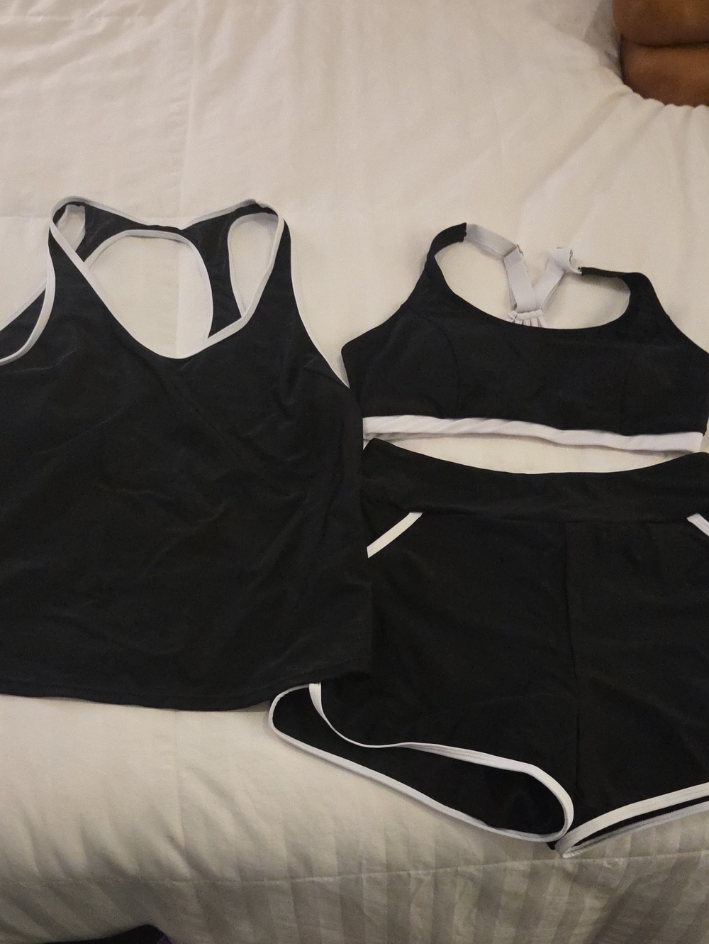 Black & White Women's 3 Piece Swim Tank, Sports Bra and Shorts Set
